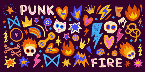 Colorful punk rock themed doodle illustration with hearts skulls and lightning bolts