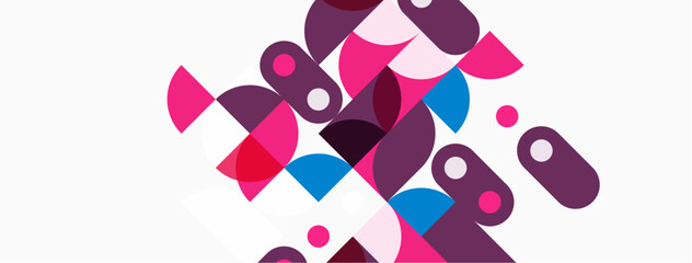 Abstract geometric shapes overlap, creating vibrant colorful pattern. Pink, purple, blue dominate composition. Modern design element.