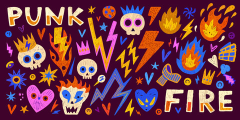 Colorful punk rock illustration featuring skulls flames and electric bolts