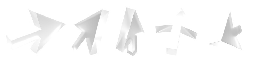 3D arrows with frosted white glass texture in multi-direction, symbolizing direction, progress, and choices in the digital world, transparent background.