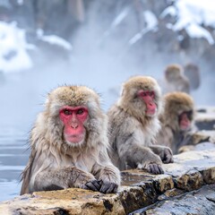 Obraz premium Macaques enjoying a hot bath, steam rising, winter landscape