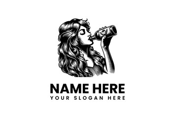 Vintage Woman Drinking from Bottle Logo Vector Illustration. Elegant Lady Enjoying Beverage Design Concept