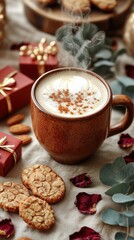 Fototapeta premium Warm-Toned Cozy Holiday Style, Cinnamon Latte Art Hot Coffee, Oat Cookies Red Gift Boxes Eucalyptus Rose Petals, Cafe Holiday Promotion Poster, Food Cozy Ambience Material