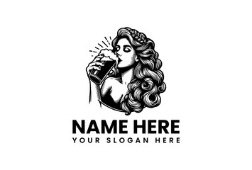 Fototapeta premium Vintage Woman Drinking Beer Logo Vector Illustration – Classic Pub Tavern Bar Design Element