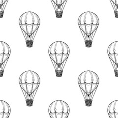 Naklejka premium Balloon with a wicker basket, black and white sketch. Vector illustration. Seamless pattern with geometric pattern of a child's toy, isolated on a white background. Birthday theme, nursery decor