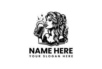 Classic logo illustration of a beautiful girl with flowers drinking from a beer mug, vintage style vector design for a pub or brewery