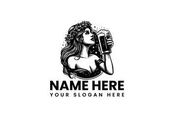 Woman with Beer Glass Logo Vector Illustration Elegant design for craft brewery, bar, or pub