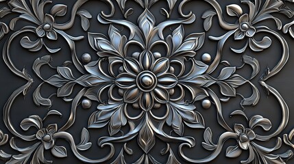 Intricate silver metal floral scrollwork pattern with detailed baroque engraving texture on a dark background