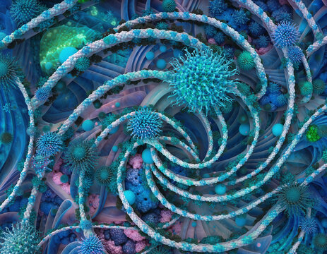 Intricate fractal art depicting swirling blue and teal microscopic forms resembling cellular structures or viruses in a complex biological pattern.