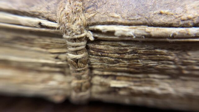 Macro Detail of Antique Book Binding, rustic detail of an antique book's spine and aged paper edges. The image powerfully conveys a sense of history and timeless knowledge.