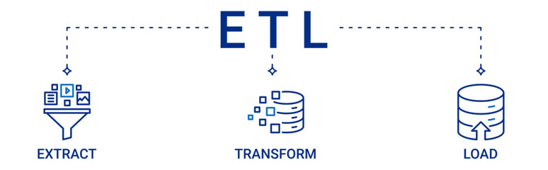 ETL icon set containing Extract, Transfer and Load vector icons