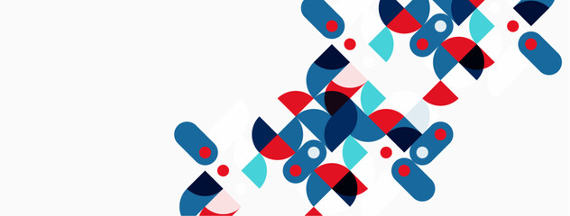 Abstract geometric shapes, blue, red, teal. Minimalist design with rounded forms, clean lines, white background. Modern aesthetic.