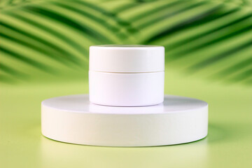 white Jar of cosmetic cream on a white round shaped podium against light green background with soft shadow of leaves