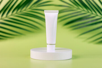 empty white cream tube on a white round shaped podium against light green background with soft shadow of leaves