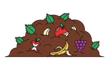 An illustration of a compost pile filled with decomposing fruit and food scraps like apples, bananas, and grapes.