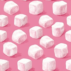 Seamless pattern painting technique of pink marshmallows on a delicate pink background, sweet and playful dessert design