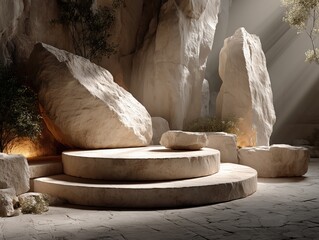 Serene Rustic Rock Display 3D Scene with Textured Platform and Hazy Lighting
