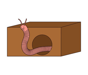 A cartoon illustration of a worm emerging from a brown box with a circular hole.