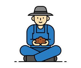 Illustration of a farmer holding soil while sitting cross-legged.