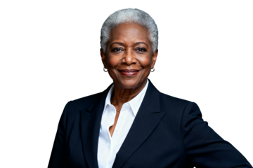 Confident senior Black businesswoman portrait, smiling, isolated on transparent background with a strong presence