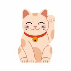 A charming cartoon cat featuring an engaging smile and raised paw, symbolizing friendliness and good fortune, perfect for pet-themed designs or children’s content.