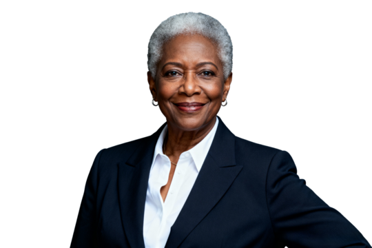 Confident senior Black businesswoman portrait, smiling, isolated on transparent background with a strong presence