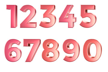Pink metallic 3D numbers set. Glossy rose gold digits 0 to 9 isolated on white background.