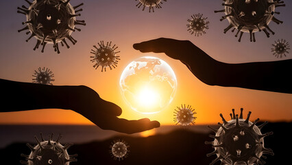 Protecting our world from global threats during a vibrant sunset, a hopeful image symbolizing health and resilience today