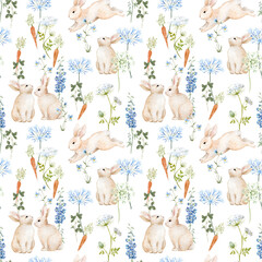 Watercolor seamless patterns with bunnies, carrots and wildflowers. Soft hand-painted spring design perfect for nursery wallpaper, fabric, Easter decor and cute baby projects.
