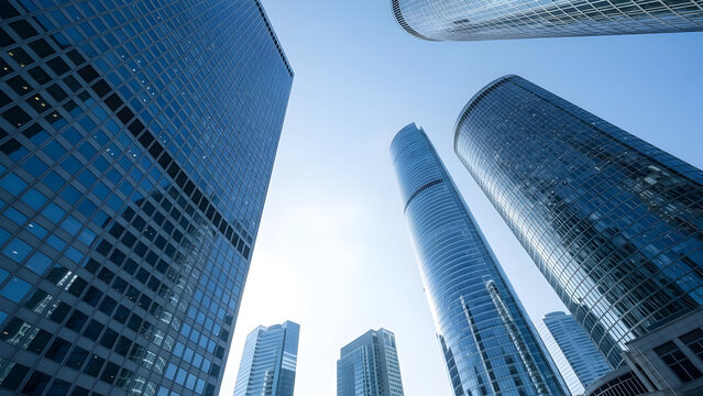 Modern blue glass skyscrapers reaching for the sky create a dynamic financial district backdrop perfect for corporate branding - Powered by Adobe