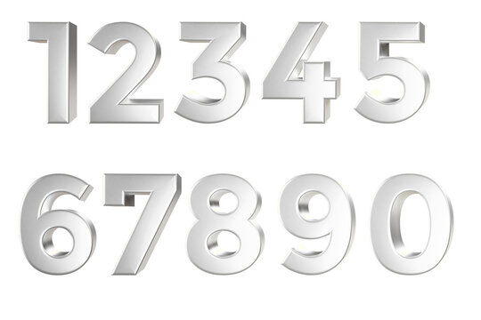 Silver metallic 3D numbers set. Shiny chrome steel digits 0 to 9 isolated on white background.