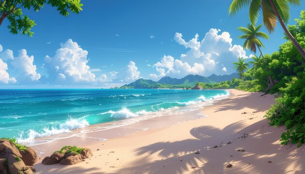 Vibrant Tropical Beach with Turquoise Ocean, Lush Palms, and Sandy Shore