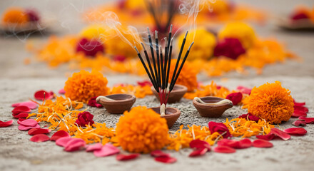 India, Uttar Pradesh, Allahabad, Kumbh Mela pilgrimage, Joss sticks and petals
