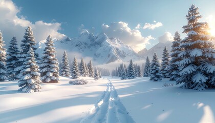 Obraz premium Majestic Snow covered Mountains with Pine Trees and Ski Tracks Under a Bright Sky