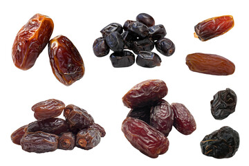 Ramadan fasting food set. Assortment of sweet dried dates (Kurma) for Iftar break fasting isolated on white.