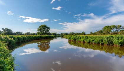 Fototapeta premium Tranquil River Winding Through Lush Green Banks Under Blue Sky