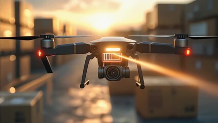 Drone in Action: a sleek, modern drone navigating through an industrial warehouse environment, capturing the dynamic interaction between cutting-edge technology and logistical efficiency.  - Powered by Adobe