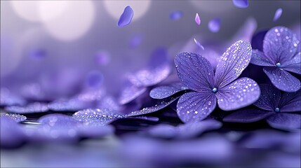 Close-up of vibrant purple hydrangea flowers with water droplets, creating a soft and dreamy atmosphere. Petals are scattered, with a blurred background.