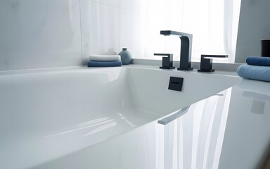 Minimalist Bathroom Design Bathtub, Faucet, and Towels in White Interior