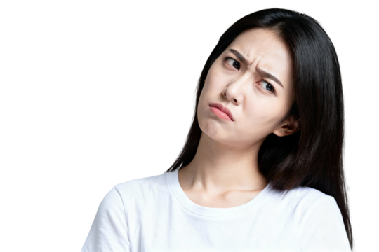 Young Asian woman with a skeptical, confused, and annoyed facial expression isolated on transparent background