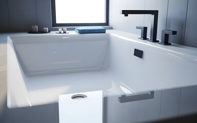 A sleek and ultra-modern bathroom interior featuring a clean white bathtub, minimalist design