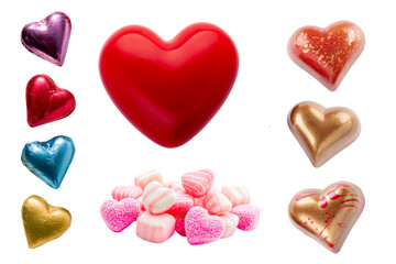 Valentine's Day confectionery set. Assortment of red, gold, and pink heart candies and chocolate bonbons for romantic gift concept.