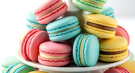 Obraz premium a classic French macaron tower in pastel colors with crisp shells and creamy ganache fillings, arranged on a minimalist white ceramic stand 