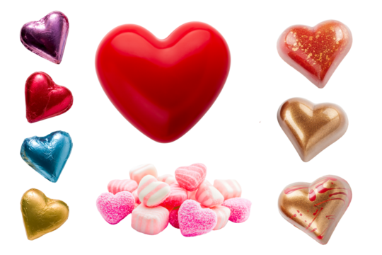 Valentine's Day confectionery set. Assortment of red, gold, and pink heart candies and chocolate bonbons for romantic gift concept.