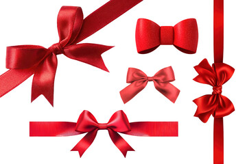 Set of red satin ribbons and bows isolated on white background. Collection of realistic silk gift knots for decoration.