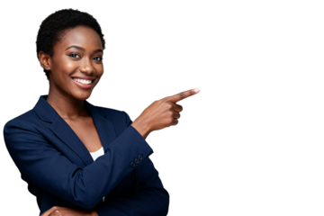 Smiling African American businesswoman confidently pointing right, perfect for business concepts, isolated on transparent background.
