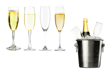 Set of champagne glasses and silver ice bucket with bottle. Collection of full and empty sparkling wine flutes isolated on white background.