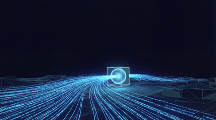 Minimalist 3D Render of Glowing Blue Data Streams Flowing into a Geometric Cubic Shape in a Futuristic Environment