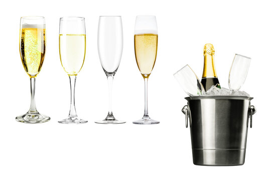 Set of champagne glasses and silver ice bucket with bottle. Collection of full and empty sparkling wine flutes isolated on white background.