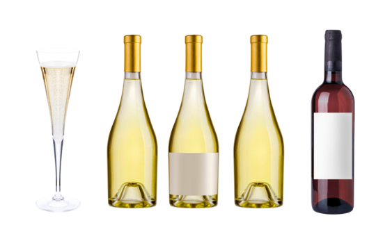 Set of wine bottles with blank white labels and a champagne glass. Collection of red and white wine bottles isolated on white background for branding design.